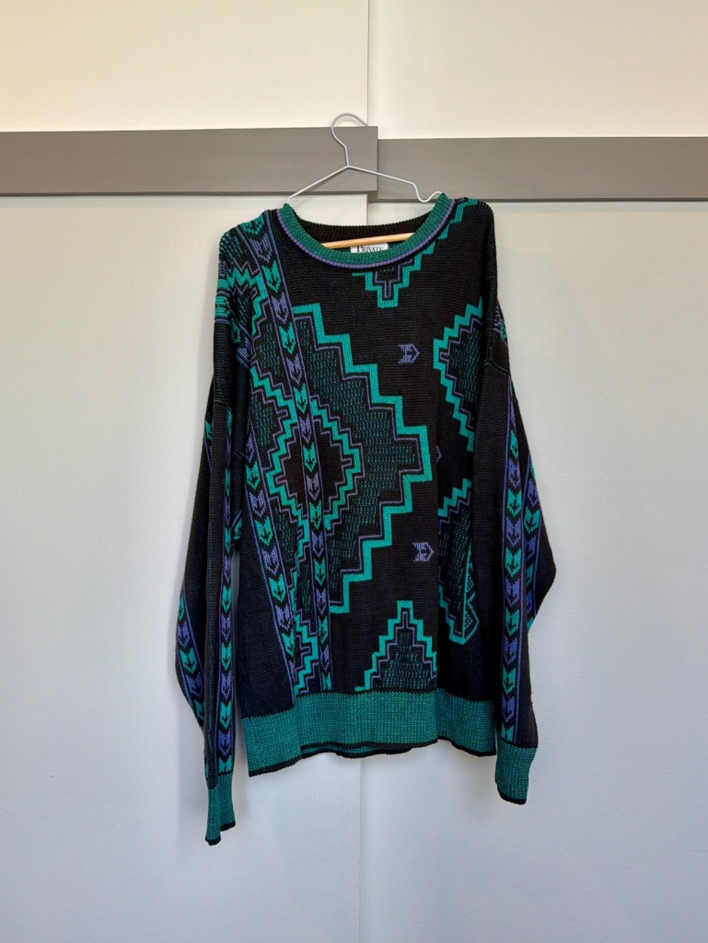 Oversized Geometric Knit Sweater Black Green Purple L